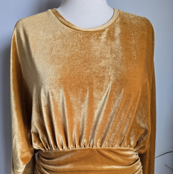 THML, Marigold Yellow Velvet Ruched Dolman Bishop Sleeve Blouse Top SZ Medium - Picture 2 of 11